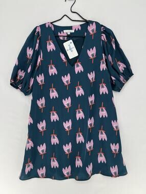 Karlie Floral Shift Dress Womens Small Teal Pink Puff Sleeve V-Neck NWT Boutique